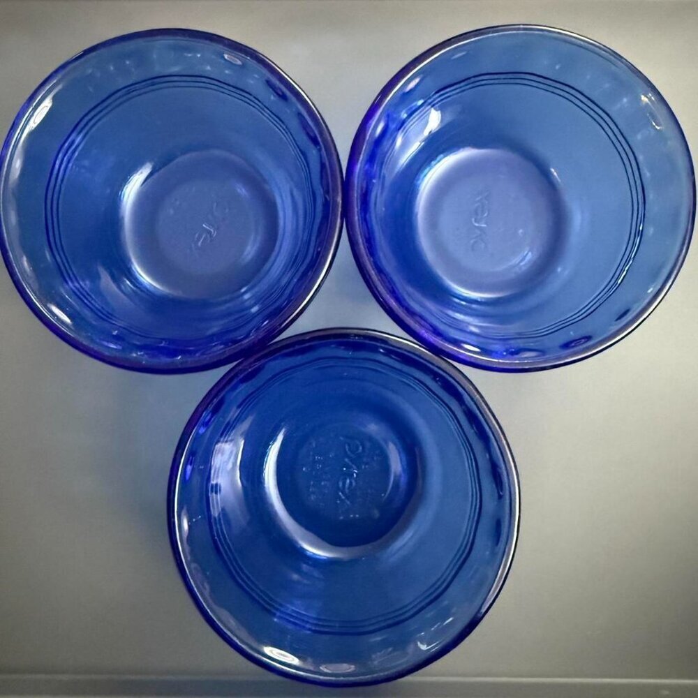 PYREX Vintage Glass Cobalt Blue Ramekin bowl 463 USA 6-oz 175ml Vintage Set 3 - Picture 2 of 7